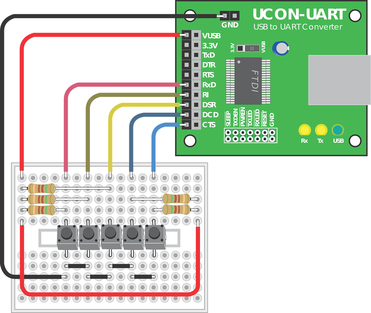 ucon-uart, protoboard, circuitos de electrónica