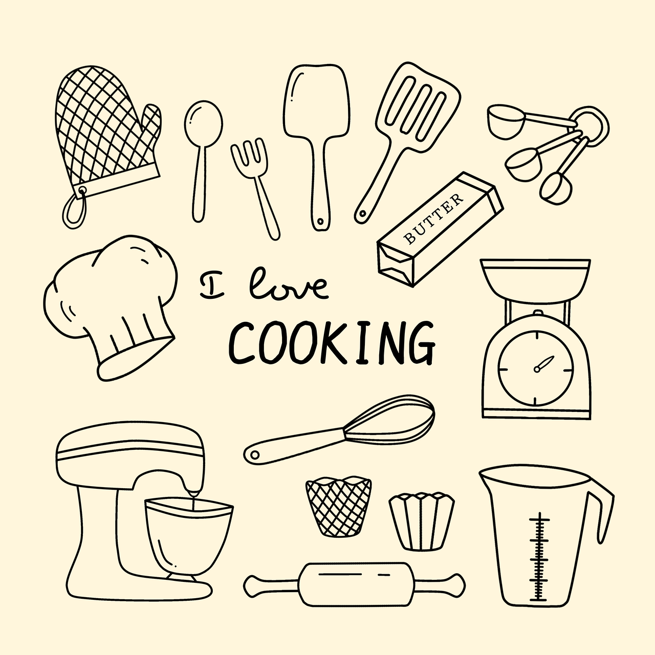 doodle, utensilios de cocina, me encanta cocinar